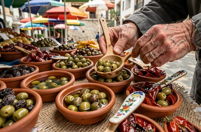 Gros plan sur des spécialités sardes au marché de Porto Torres : olives, câpres et poivrons rôtis dans des bols en terre cuite