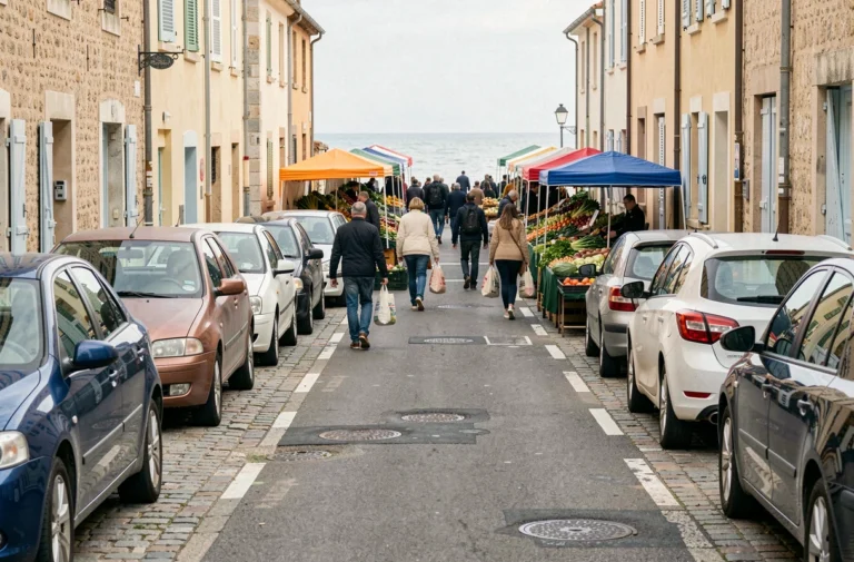 Rue de Fort Mahon bordée de voitures garées lors du marché hebdomadaire avec des étals colorés en arrière-plan