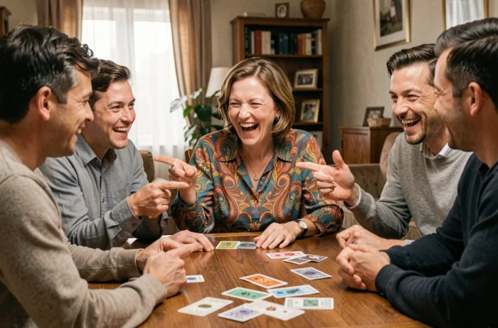 Femme joyeuse attribuant des surnoms rigolos à chaque joueur autour de la table