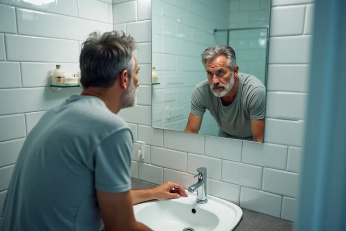 Homme d'âge mûr aux symptômes de fatigue virale se regardant dans le miroir de la salle de bain avec une expression préoccupée