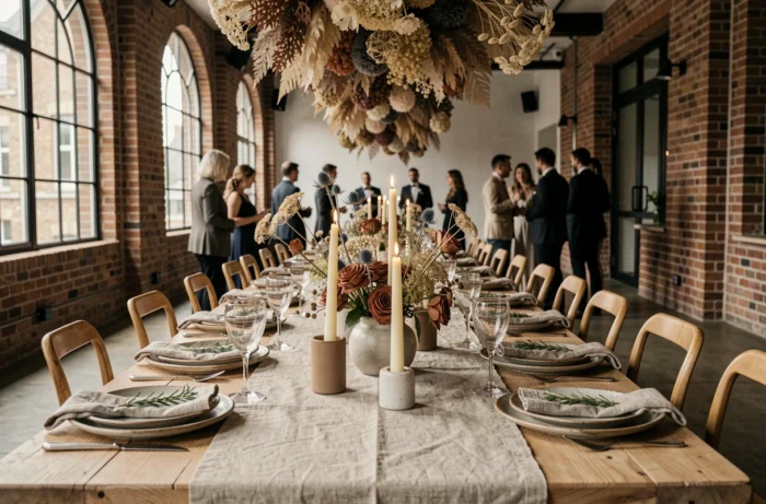 Table de réception mariage style bohème moderne dans un loft parisien avec décoration florale séchée et vaisselle artisanale, tendances 2024