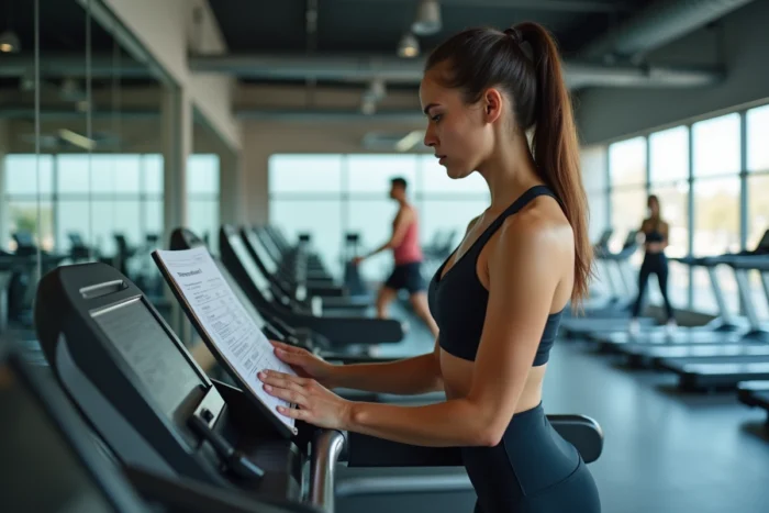 Jeune femme comparant les tarifs et options d'abonnement Basic Fit sur une tablette dans une salle de sport