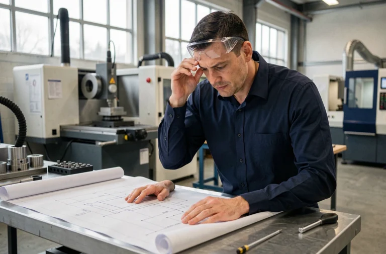 Technicien suisse en atelier industriel consultant des plans techniques sur un établi en métal, outils de précision en arrière-plan