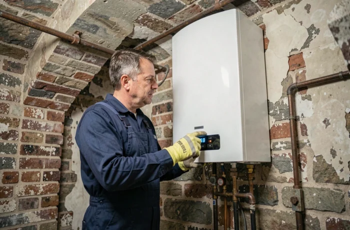 Technicien chauffagiste inspectant une chaudière à condensation moderne installée dans une cave voûtée d'un immeuble ancien à Bruxelles
