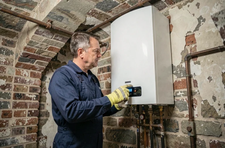 Technicien chauffagiste inspectant une chaudière à condensation moderne installée dans une cave voûtée d'un immeuble ancien à Bruxelles