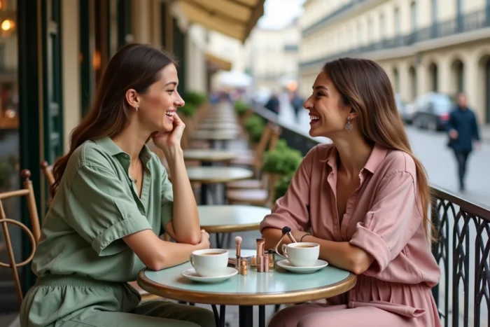 Deux femmes partageant des conseils beauté et des produits de maquillage en terrasse de café parisien, tendances beauté lifestyle au quotidien