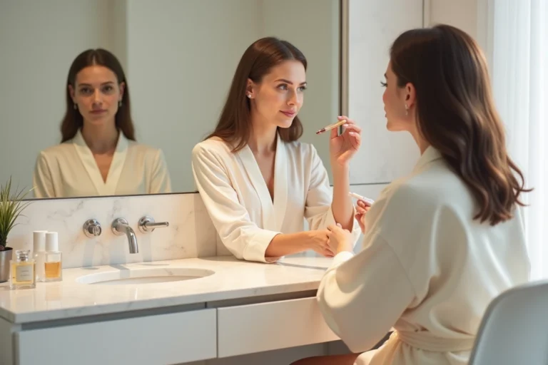 Femme appliquant un rouge à lèvres nude devant un miroir de salle de bain au style scandinave, ambiance beauté naturelle et minimaliste