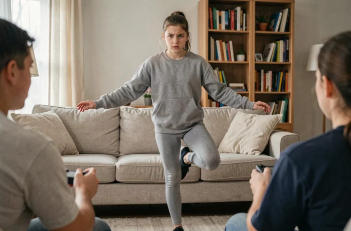 Adolescente tenant en équilibre sur un pied pendant le tour du joueur suivant