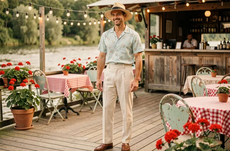 Homme en tenue guinguette années 50 avec pantalon taille haute, chemise col camp et chapeau Panama au bord d'une rivière festive