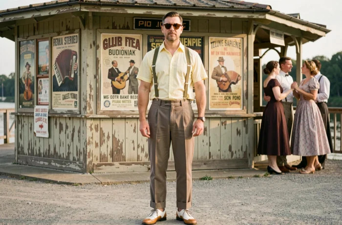 Tenue guinguette homme complète années 50 avec bretelles, pantalon à pinces et chaussures bicolores devant un pavillon rétro