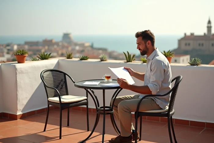 Terrasse avec vue sur les remparts d'Essaouira et l'océan Atlantique, homme consultant un contrat de location longue durée