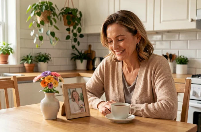 Femme souriante devant trois objets symbolisant ce qui la rend heureuse