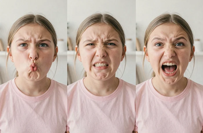 Jeune fille faisant trois grimaces différentes et expressives