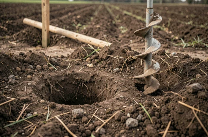 Trou creusé dans la terre par une tarière thermique avec outil posé à côté