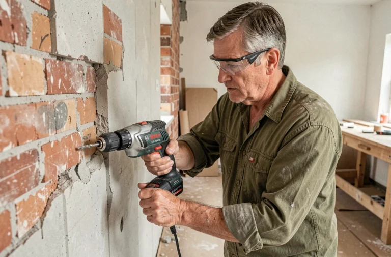 Homme utilisant une perceuse Bosch CSB 500 RE sur un mur en béton lors de travaux de rénovation intérieure