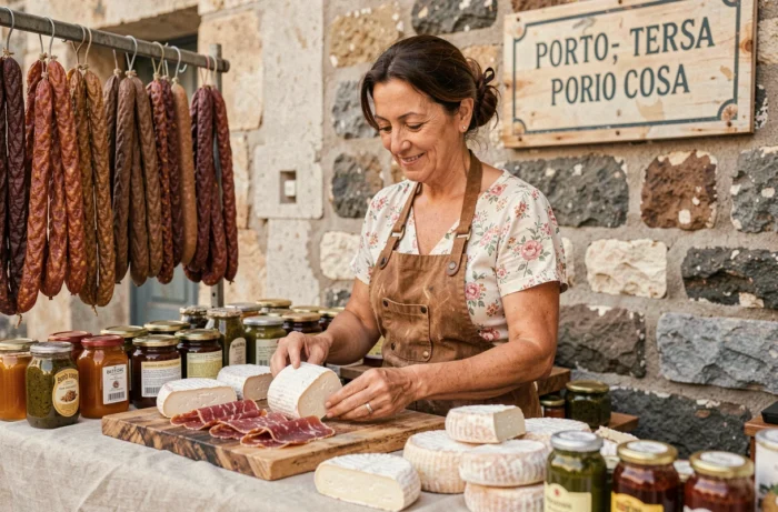 Vendeuse sarde présentant du fromage pecorino et des charcuteries artisanales sur un étal du marché de Porto Torres