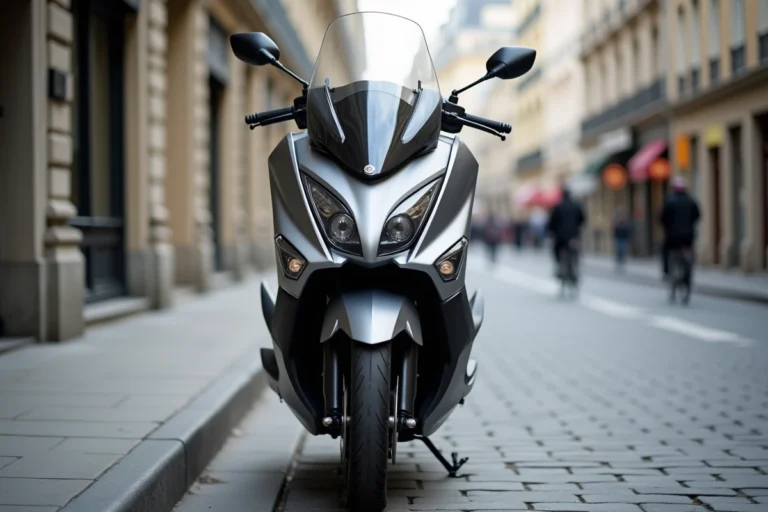 Yamaha TMAX 750 garé dans une rue urbaine européenne, vue trois quarts avant mettant en valeur le design premium du maxi-scooter 2025